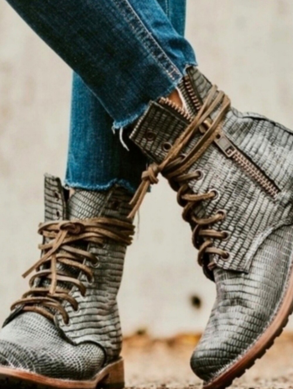 (SOLD) freebird Manchester Gray Blue Textured Lace-Up Combat Boots